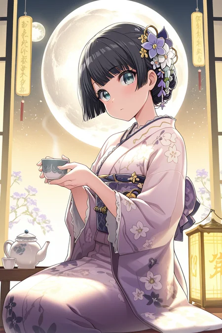 masterpiece, best quality, amazing quality,
<lora:Rei_IL:1> rei, 1girl, solo, flower, hair ornament, sitting, lantern, black hair, teapot, holding, cup, japanese clothes, looking at viewer, kimono, moon, short hair, hair flower, holding cup