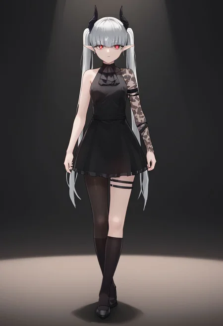 1girl, solo, full body, watson cross, chained_sarkaz_girl, black dress, single leg pantyhose, asymmetrical clothes, patterned clothes, single sleeve, black sock, kneehigh, black footwear, high heels, black ascot, hair over eyes, eyes visible through hair, demon horns, blunt bangs, red eyes, pointy ears, pale skin, white hair, grey hair, twintails