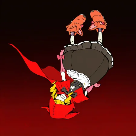highres, best quality, masterpiece, very aesthetic, newest, <lora:ChaperomonIllustrious-000009:1>,1girl,solo,chaperomon,red hood,ribbon,dress,cape,stitched face,blonde hair, full body,animal slippers,persona 5 anime screencap,chains,falling,gradient background,swirl background,neutral expression,red and black background,upside down