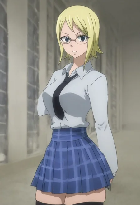 (masterpiece, best quality, amazing quality, very aesthetic), (scenery, volumetric lighting), 1girl, Lucy Heartfilia (Fairy Tail), simple_background, mature_female, 1girl, ,medium breasts, blonde, eyelashes, glasses, green eyes, close-up, FairyTailStyle, upper body, looking_at_viewer, skirt, solo, necktie, school uniform, short hair, indoors, eyebrow piercing, blue eyes, , looking at viewer, window, sweater, blue skirt, nose, plaid skirt, pleated skirt, shirt, black necktie, white shirt, parted lips, thighhighs stockings, blue necktie, black sweater, plaid,breasts, lips, standing, desk, standing, cowboy shot, narrow waist, wide hips, thick thighs, pleated skirt, standing, living room,, detailxl, Score_PnyReal, (lineless:1.5),