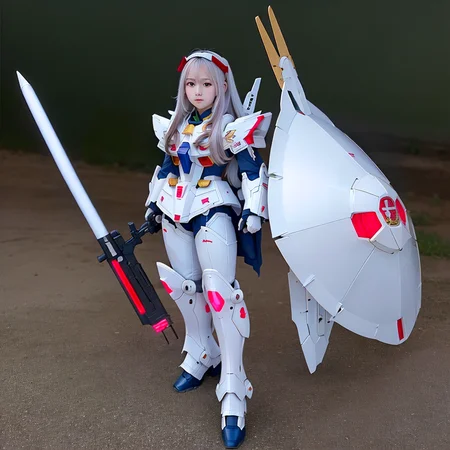 <lora:Korean-doll-likeness:0.1>,<lora:Japanese-doll-likeness:0.4>,<lora:Taiwan-doll-likeness:0.1>,((8k, RAW photo, highest quality, masterpiece),High detail RAW color photo professional full shot photo,(realistic, photo realism:1.37),(highest quality),(best shadow),(best illustration),ultra high resolution,highly detailed CG unified 8K wallpapers,physics-based rendering, cinematic lighting),(aegyo sal:1),1girl,cute face,beautiful eye,beautiful mouth,makeup,Feminine Expressions,shy,very long leg,weapon,gundam weapon on my back,wear new high tech mobile suit armour,white,holding weapon,very huge gun,holding Very large shield,(focus on face:1.1),msgirl girl,<lora:msgirlLora_v20:1>,