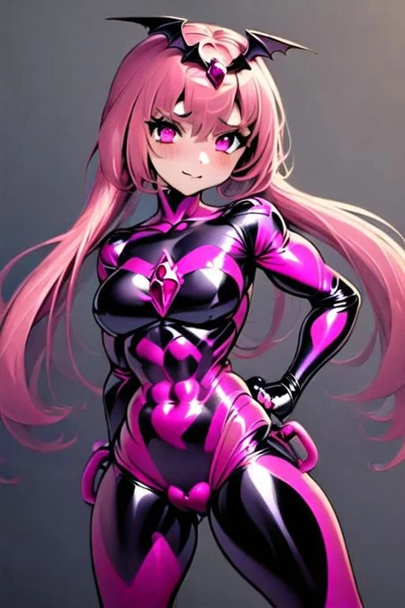 1girl, solo, Bad_End_Precure, Bad_End_Happy, muscular female with abs and thick thighs, pink hair, pink eyes, latex, frilly bodysuit, standing, fighting, fly, magic, masterpiece, cure_happy, red gems