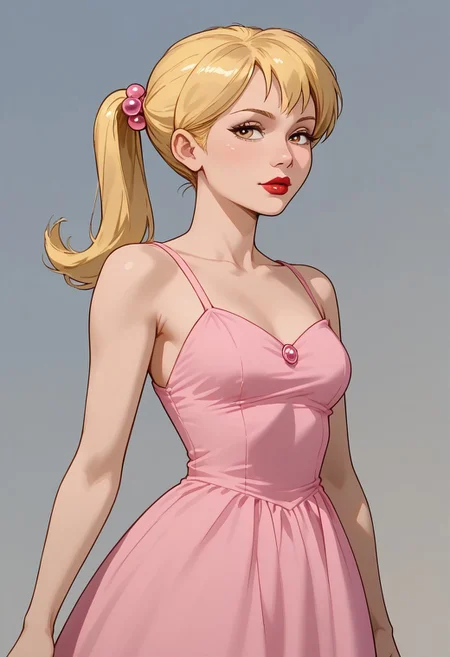 safe_pos, score 9, score 8, score 7, score 6, solo, 1girl, dress, adult woman, pose, suggestive, seductive, lipstick, blonde hair, pink dress, pink hair ornament, ponytail,