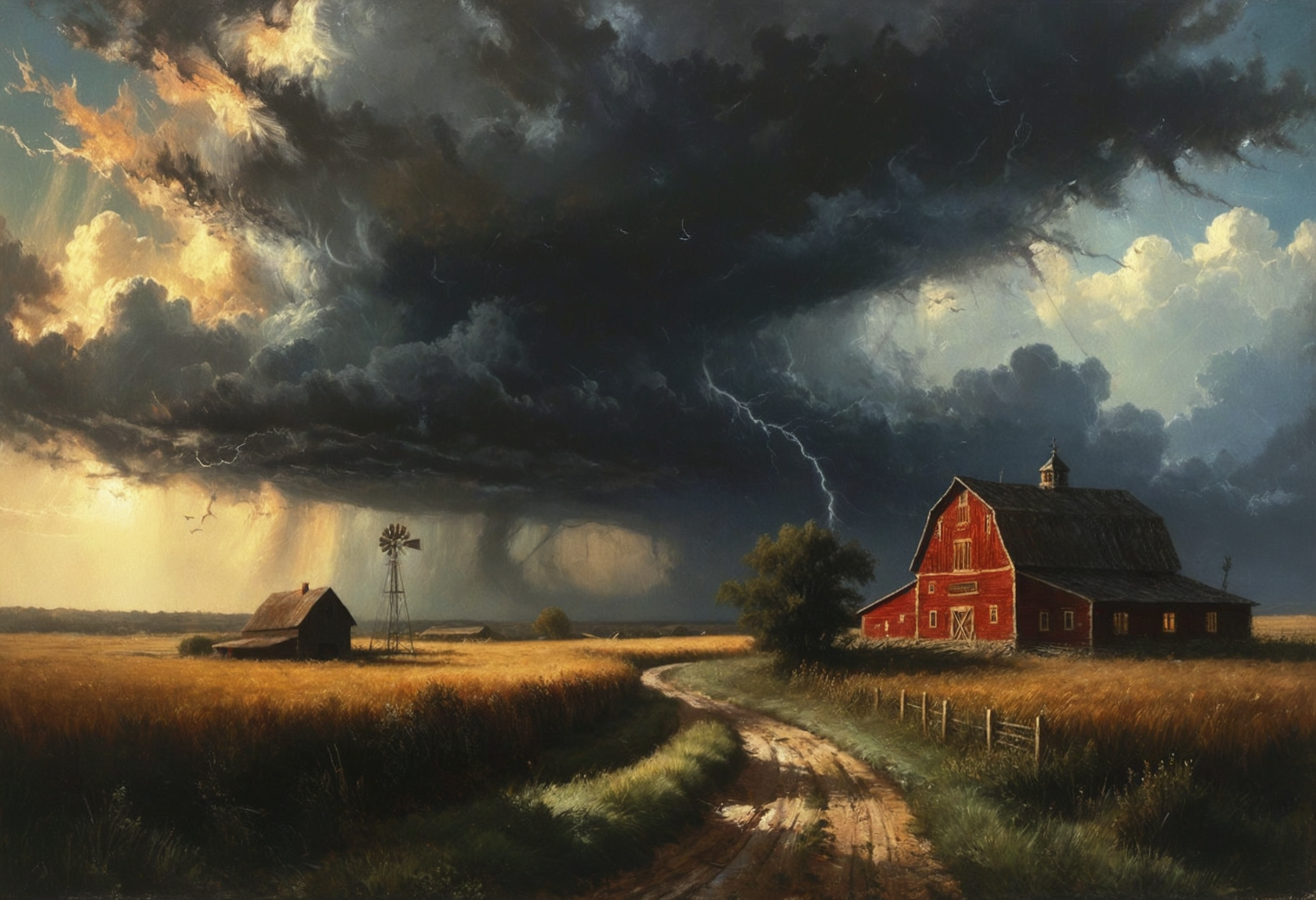An intricate details, detailed realisti texture, best quality art by (petrus van schendel) (Hans Larwin) and (dorian cleavenger),  (luis royo), us midwest, rural, stormy sky, cumulonimbus, dramatic dark clouds, sun rays, (((tornado))) hurricane, vast farmlands, country road, rain, Deluge, windswept, grass swaying, [red barn], windmill, <lora:Kodak Motion Picture Film Style v4:1> <lora:add_detail:0.8> <lora:aesthetic:0.8> <lora:LaxpeintXL-2.0:0.5> <lora:extremely_detailed:0.5> <lora:Desolation:0.3>