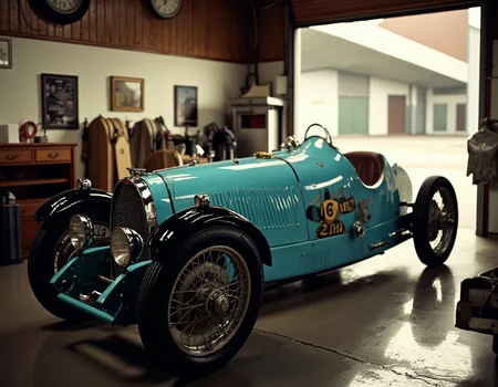 advertising photograph of a (1930s Bugatti racing car:1.2) parked in an automobile mechanic shop, the Car is waxed and shined to a sheen, (Vehicle has been modified to race specifications, retro race painting:1.1), Magnificent, sexy, official art, hyper realistic, photo realistic, extremely detailed, Exquisite color design, Exquisite composition, ultra highres, absurdres, (best quality, ultra detailed), high budget, RAW photo, car focus <lora:ImageUpgraderV2:0.75> detailmaximizer, by Nick Knight, film grain, fine grain, 35mm, sharp focus, soft lighting, volumetric lighting, <lora:Herbst_Photo_Style_v3:1> herbstphoto, herbst photo