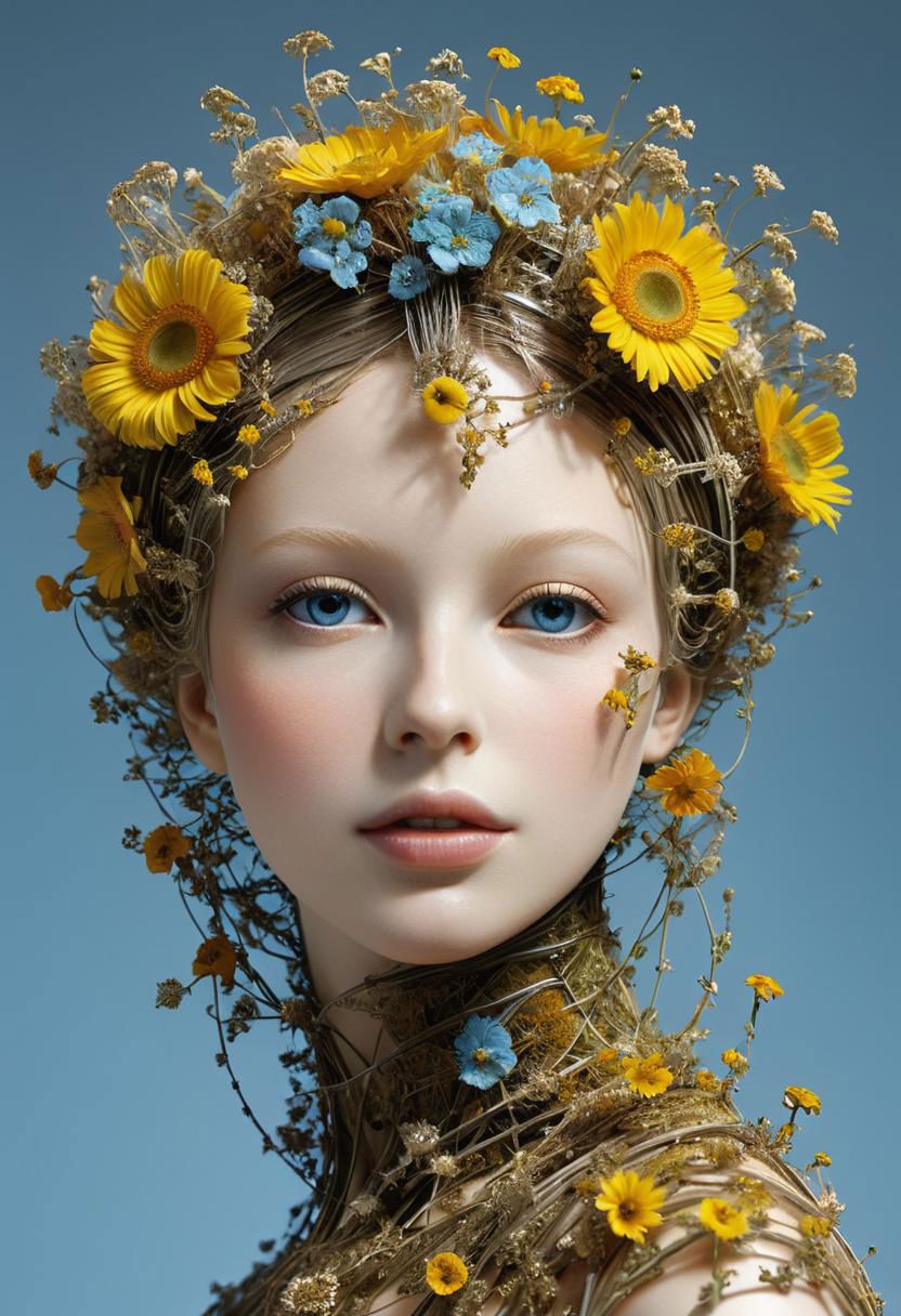 natural flower art By Herg: Capturing the hyperrealistic hyperdetailed essence of nature's and engineers elegance, showcase a busty pureerosface_v1 Borg woman adorned in dried field flowers, some still delicately tinged with a hint of blue.,