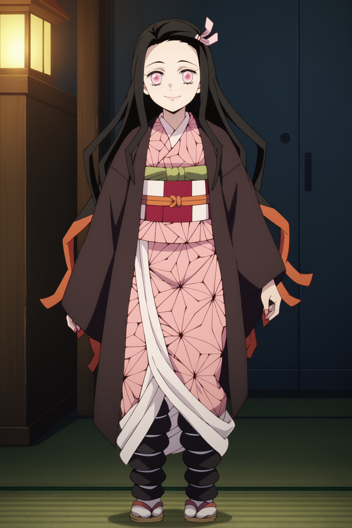 score_9, score_8_up, score_7_up, source anime, prefect lighting, very aesthetic, BREAK, anime screencap, anime coloring,
<lora:kamado_nezuko_v2-pdv6:1>, 1girl, kamado nezuko, kimetsu no yaiba, pink eyes, black hair, brown hair, two-tone hair, forehead,
nezuout, hair ribbon, japanese clothes, long sleeves, wide sleeves, pink kimono, checkered sash, obi, black haori, asa no ha \(pattern\),
BREAK, looking at viewer, light smile,  full body,
