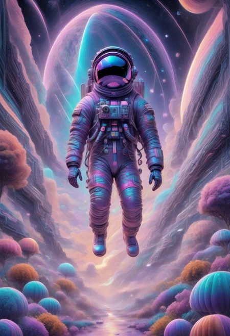 a spaceman wearing a spacesuit floating around in neonpastel space, very detailed,
