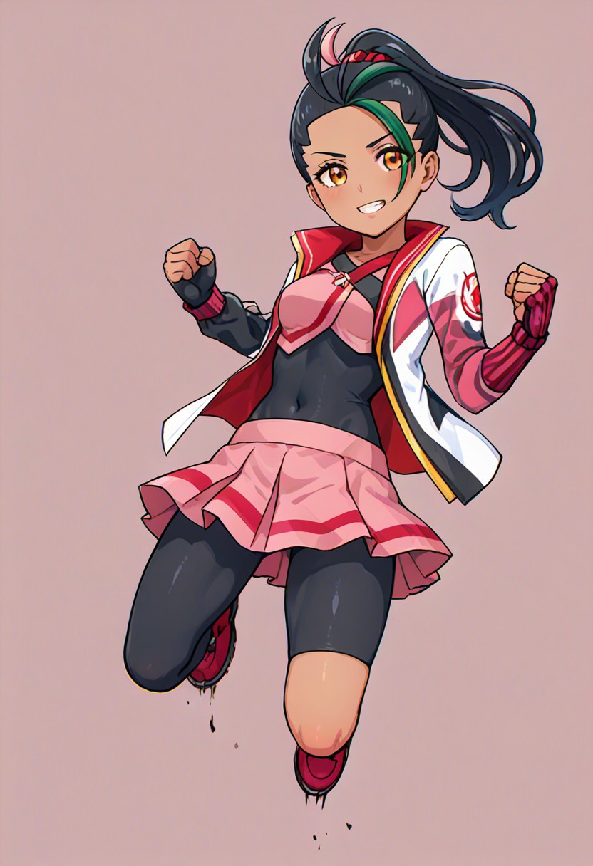 hinosaki, leveen, 2d, masterpiece, best quality, amazing quality, 1girl, solo, full body, jumping, dynamic pose, simple background, sygnemona, synem, dark-skinned female, brown eyes, hair ornament, long hair, streaked hair, multicolored hair, black hair, green hair, open jacket, shorts under skirt, pink skirt, pleated skirt, long sleevees, single glove, red gloves, red footwear, boots, looking at viewer