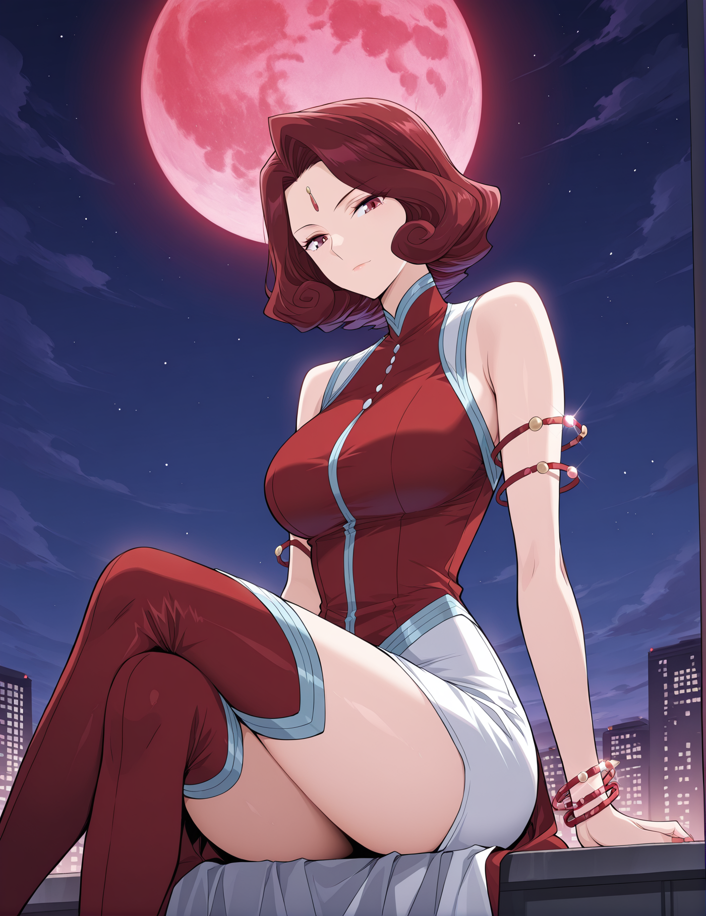 <lora:Xuan_Yi__Battle_Through_the_Heavens__Illustrious:1>
1 girl, solo, mature female, red hair, short hair, wavy hair, curled hair, ahoge, red eyes, red and white dress, high slit dress, sleeveless, gemstone accessory, leg slit, elegant dress, thigh boots, red boots, futuristic jewelry, glowing bracelets, asymmetrical skirt
(Anime_source),Masterpiece,(perfect female body:1.2), small waist,(incredibly detailed:1.4), slim, looking at viewer, sitting, crossed legs, night, red moon