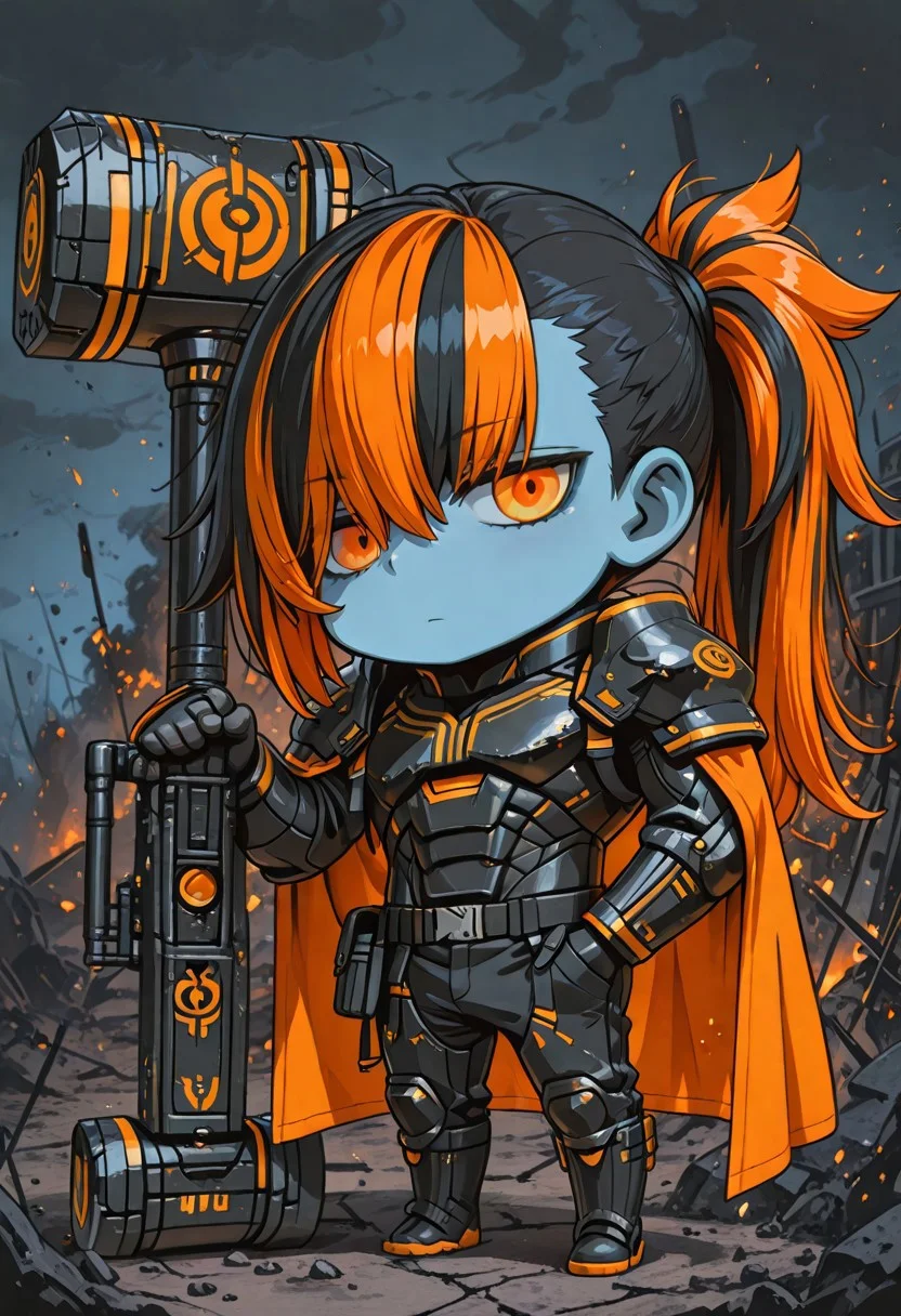 4ur4_illu,shiny, best quality,masterpiece,absurdres,newest, ultra-detailed, perfect anatomy, detailed face, finely detail, highres, fantasy style,
BREAK 1boy, young man, muscular body, tall body, facial, long hair, hair cut, ponytail, shaved temples, ash-colored hair, orange eyes, vertical pupil, blue skin, emotionless face, black power armor, heavy armor, shoulder pads, orange cape, black knee boots, belt pouch, black gloves, hammer, huge weapon,
april fools, chibi,
dark, looking at the viewer, standing at full height, hands in his pants pockets, battlefield background,