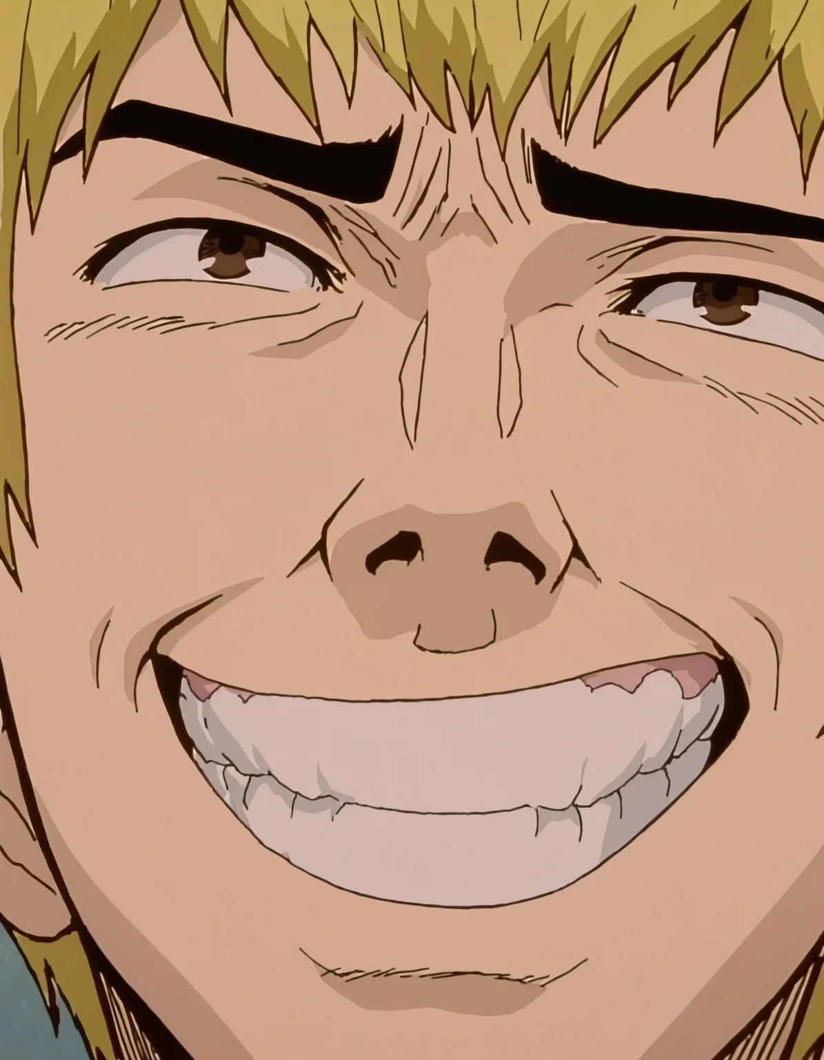 pixel-perfect masterpiece, best quality, highres, highly detailed, 
1boy, Eikichi Onizuka, male, young man, meme, close-up, exaggerated emotions, facial details, huge grin, furrowed brow, intense expression, character, blonde hair, brown eyes, teeth, 
skin texture, textured, 
anime screenshot, (artist: sabudenego:0.6),  (by abara heiki:0.4), by higashiyama shou, (by incase:0.4), 
 <lora:Great Teacher Onizuka 2.0 Illustrious-000063:0.75>