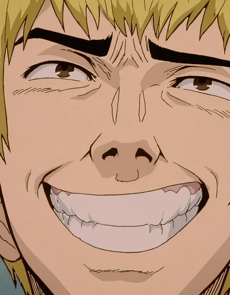 pixel-perfect masterpiece, best quality, highres, highly detailed,
1boy, Eikichi Onizuka, male, young man, meme, close-up, exaggerated emotions, facial details, huge grin, furrowed brow, intense expression, character, blonde hair, brown eyes, teeth,
skin texture, textured,
anime screenshot, (artist: sabudenego:0.6), (by abara heiki:0.4), by higashiyama shou, (by incase:0.4),
<lora:Great Teacher Onizuka 2.0 Illustrious-000063:0.75>