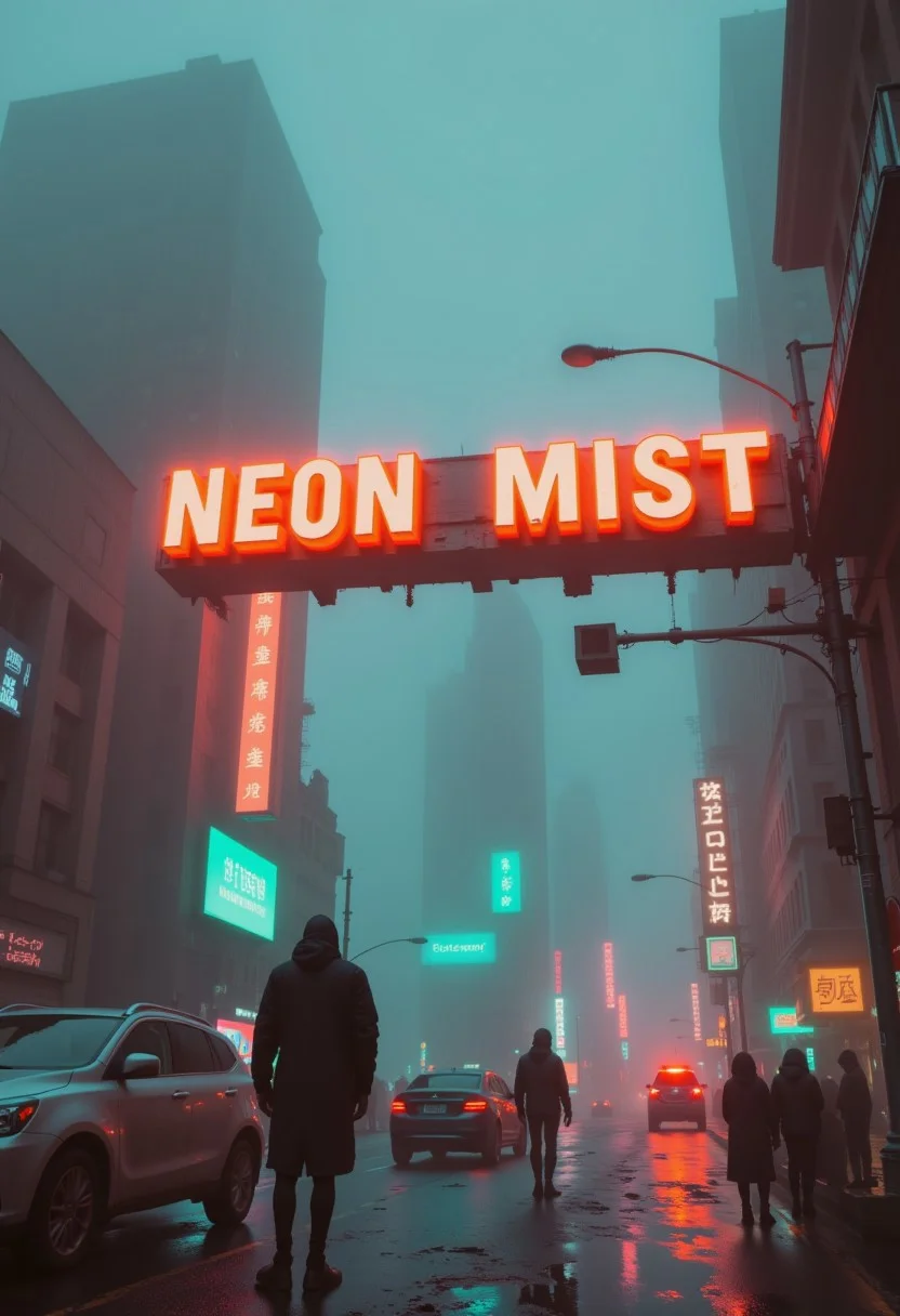 neon-mist,
"A foggy dystopia where buildings, cars, and people defy gravity, hovering weightlessly. Neon fractures glow with orange, blue, and green, and a large neon sign reads 'NEON MIST' in bold letters. The scene is enveloped in thick, synthetic fog, creating a lifeless, endless hum of white noise."