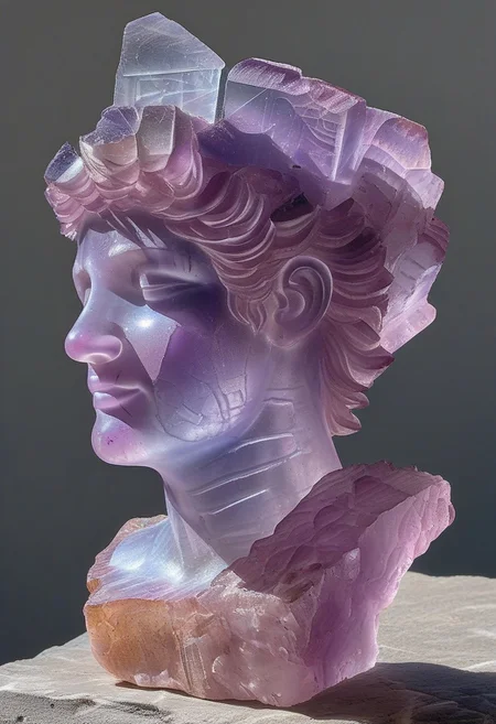 fluorite mineral, radiant, human sculpture, Greek style, Roman style