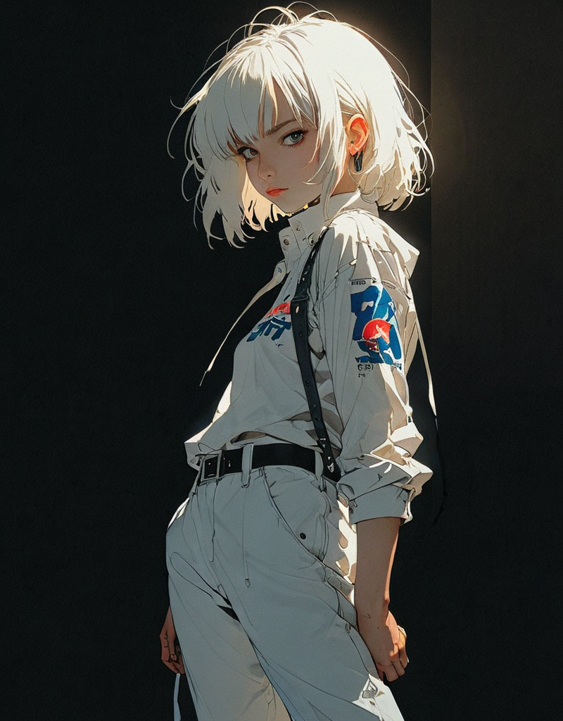 Poster format, manga style, otaku, girl, full body (Jamie Hewlett, John Berkey), with short, straight white hair, head tilted to one side, face hidden by hair, capri pants, very high contrast, overhead lighting , darkness, black background ; 4K <lora:Sinozick:1> <lora:epi_noiseoffset2:1>