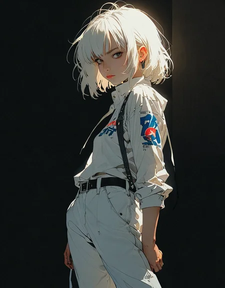 Poster format, manga style, otaku, girl, full body (Jamie Hewlett, John Berkey), with short, straight white hair, head tilted to one side, face hidden by hair, capri pants, very high contrast, overhead lighting , darkness, black background ; 4K <lora:Sinozick:1> <lora:epi_noiseoffset2:1>