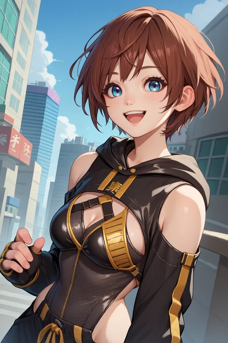 score_9, score_8_up, score_7_up, score_6_up, source_anime, 1girl, solo <lora:sblily-pdxl-nvwls-v1-000005:1> sblily, brown hair, short hair, blue eyes, leotard, cleavage, black sleeves, hood down, bare shoulders, long sleeves, black pants, fingerless gloves, happy, looking at you, medium breasts, city, blue sky, upper body