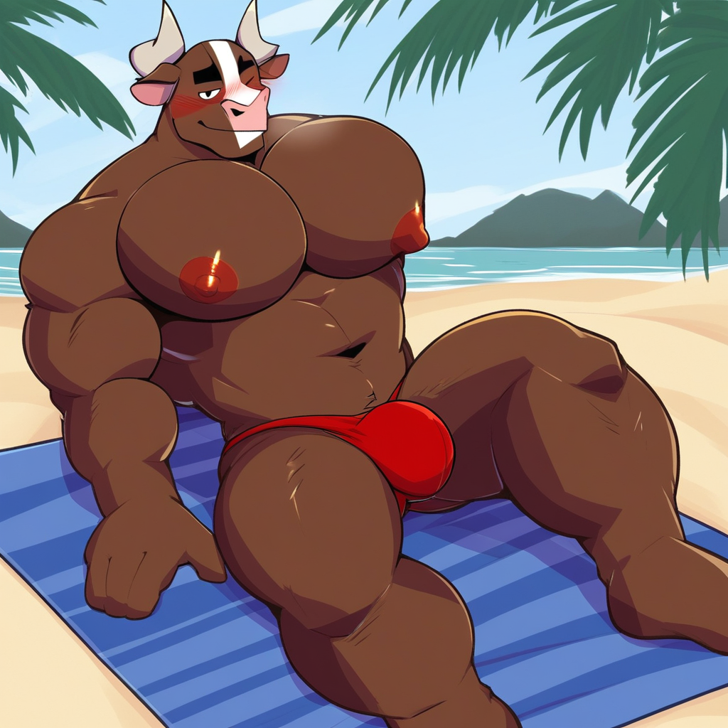 Muscular male, 1boy, solo, beach background, furry, bull, brown body, red speedo, large pectorals, large nipples, sitting down, white bull horns, smirking, sitting on beach towel, blushing