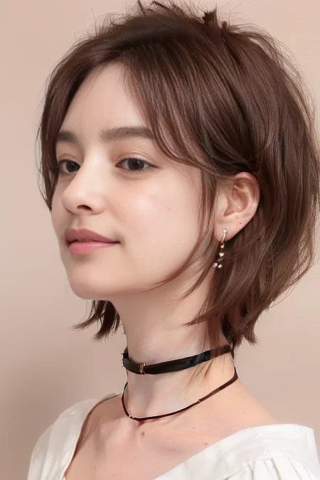 (1girl), (best quality), (masterpiece), (high resolution), (intricate details), (photorealistic), (cinematic light),  <lora:short_hair:0.8>, 
solo, brown hair, nape, blurry, upper body, blurry background, wavy hair, smile,  realistic, looking at viewer, lips, upper body, off shoulder, shirt
white background, upper body, brown eyes, closed mouth,  profile, lips, nose, portrait, earrings, parted lips, black choker, ear piercing
sleeves past wrists, simple background ,
