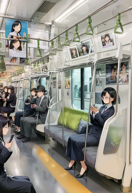 score_9, score_8_up, score_7_up, rating_safe, masterpiece, best quality, absurdres, unity 8k wallpaper, official art, official style, source_anime, game cg, megami magazine, glasses,
e235, train interior, black hair, multiple boys, multiple girls, sitting, black footwear, formal, suit, bag, 6+boys, phone, short hair, cellphone, reading, holding, holding phone, dress, hat, smartphone, seat, pants, jacket, shoes, long sleeves, 1girl, necktie, black dress, closed eyes, high heels, glasses, skirt, 2girls, smile, solo focus, shirt, poster (object),
<lora:E235_PONY_V1:1>