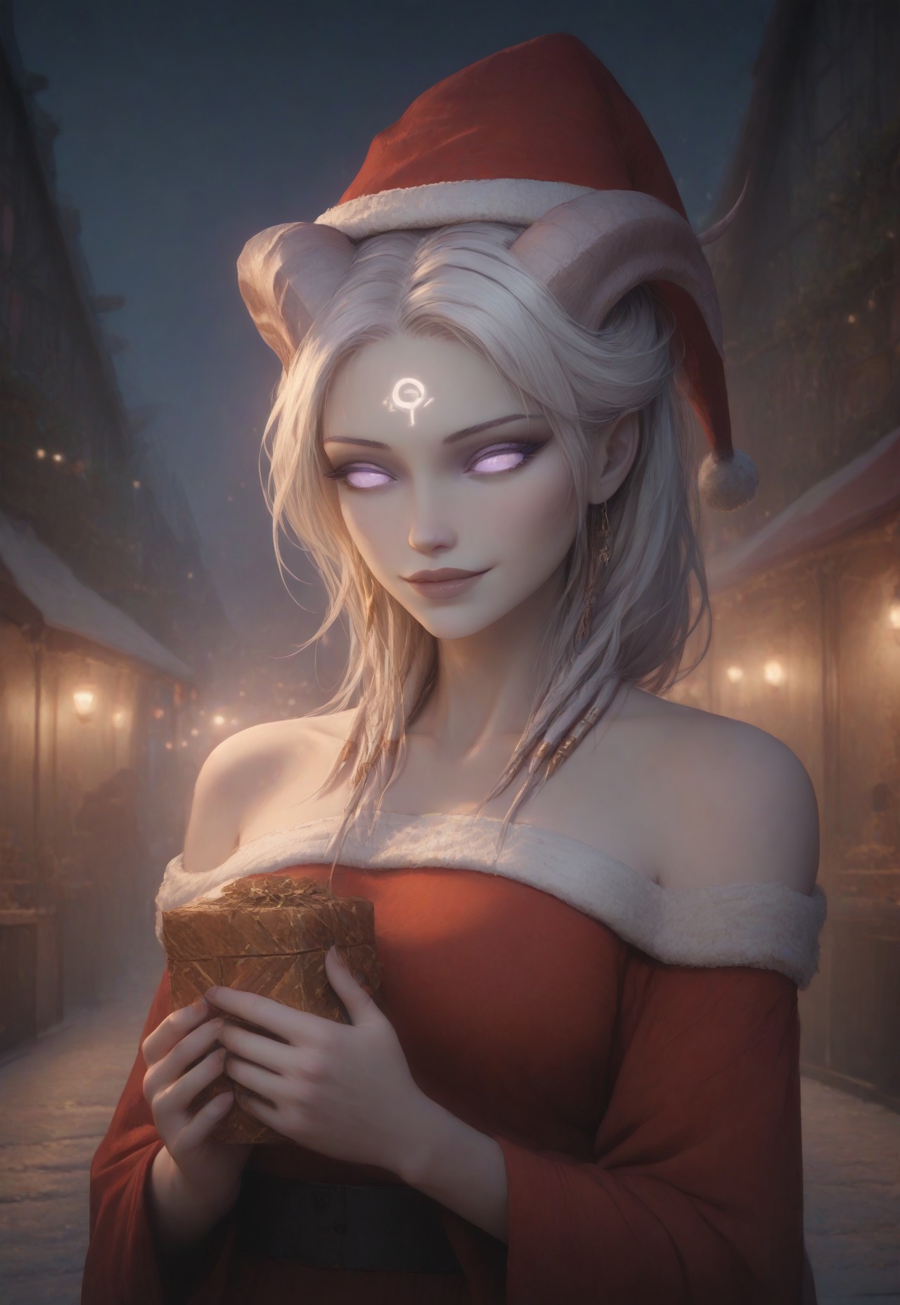(absurdres, best quality, masterpiece:1.4), score_9, score_8_up, score_7_up, score_6_up, detailed, detailed body, detailed face, 
culDraenei, purple eyes, no sclera, no pupils, long ears,
Santa_Dress, Santa Hat, 
upper body, soft smile, holding a present, 
outdoors, fantasy market background, market stalls, food, snow, sunshine