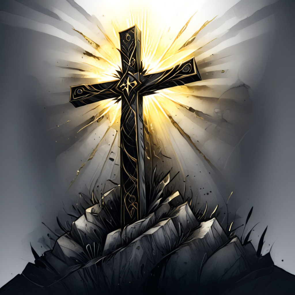 illustration, masterpiece, detailed, absurd resolution, white background, black linework, gold and silver colored watercolor, holy, cross and radiant light, icon, 2d, flat, vector, cell shaded, in the style of world of warcraft icons,  <lora:artfullyICONIC3_SDXL_V1:1>