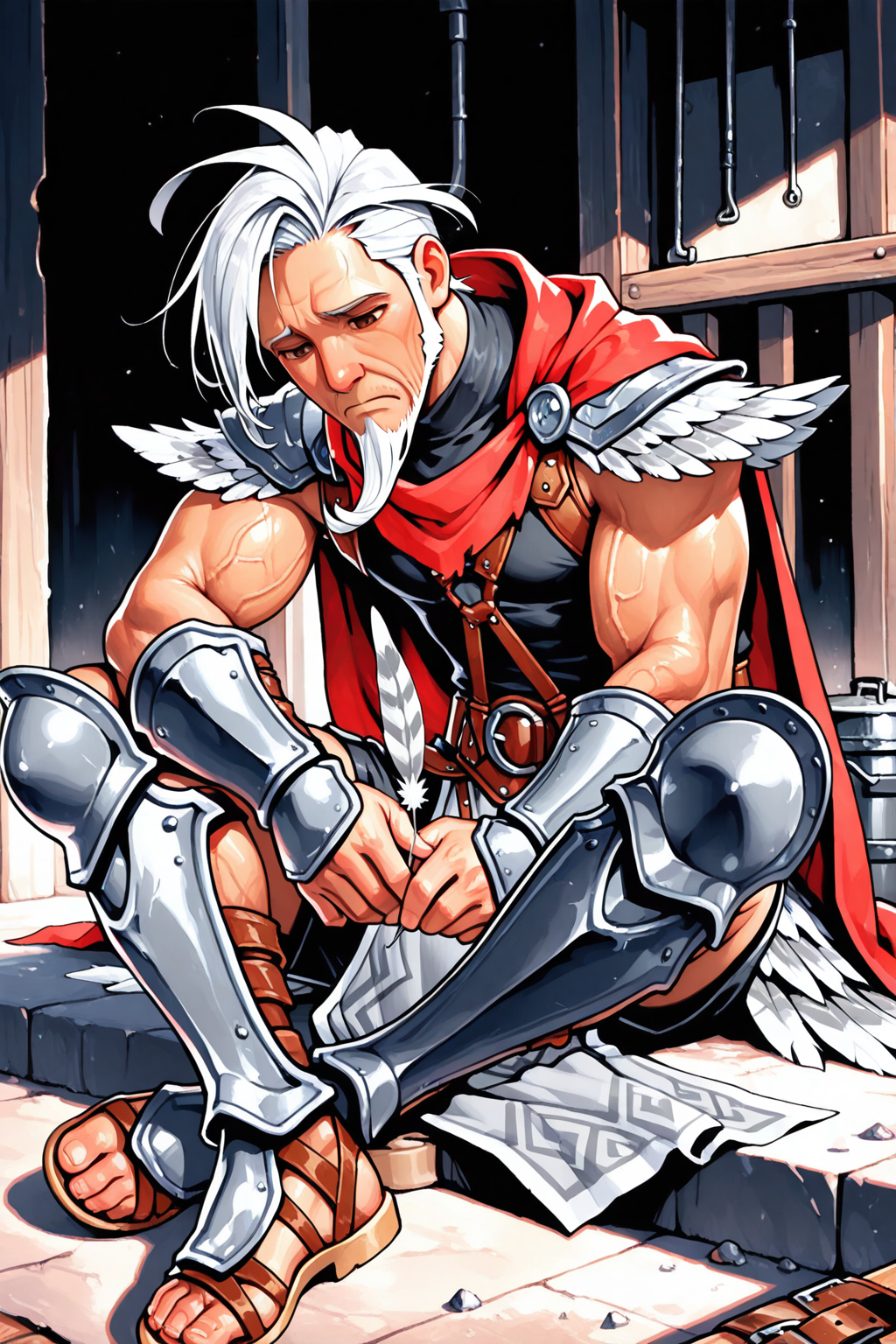 masterpiece, best quality, amazing quality, hatching (texture), FMIXF, vibrant details, vibrant colors, GENHERAC, 1boy, male focus, old, old man, solo, white hair, sideswept hair, ((sideswept beard)), brown eyes, muscular, veiny arms, yellow trimmed red cape, feathered pauldrons, sleeveless black shirt, ((black shorts)), brown body harness, brown belt, brown belt buckle, grey pelvic curtain, ((grey pteruges)), black vambraces, black greaves, sandals, sitting, holding feather, sad, sombre, workshop background, sombre lighting