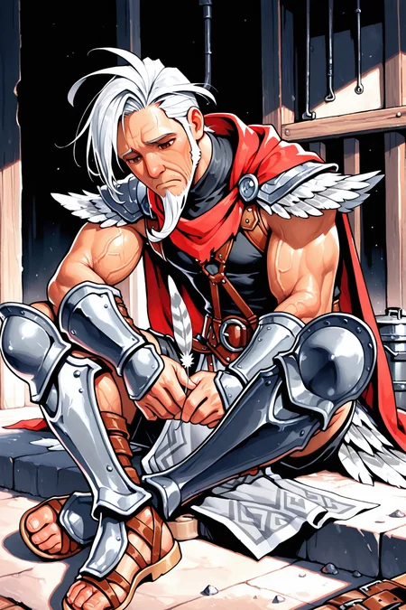 masterpiece, best quality, amazing quality, hatching (texture), FMIXF, vibrant details, vibrant colors, GENHERAC, 1boy, male focus, old, old man, solo, white hair, sideswept hair, ((sideswept beard)), brown eyes, muscular, veiny arms, yellow trimmed red cape, feathered pauldrons, sleeveless black shirt, ((black shorts)), brown body harness, brown belt, brown belt buckle, grey pelvic curtain, ((grey pteruges)), black vambraces, black greaves, sandals, sitting, holding feather, sad, sombre, workshop background, sombre lighting