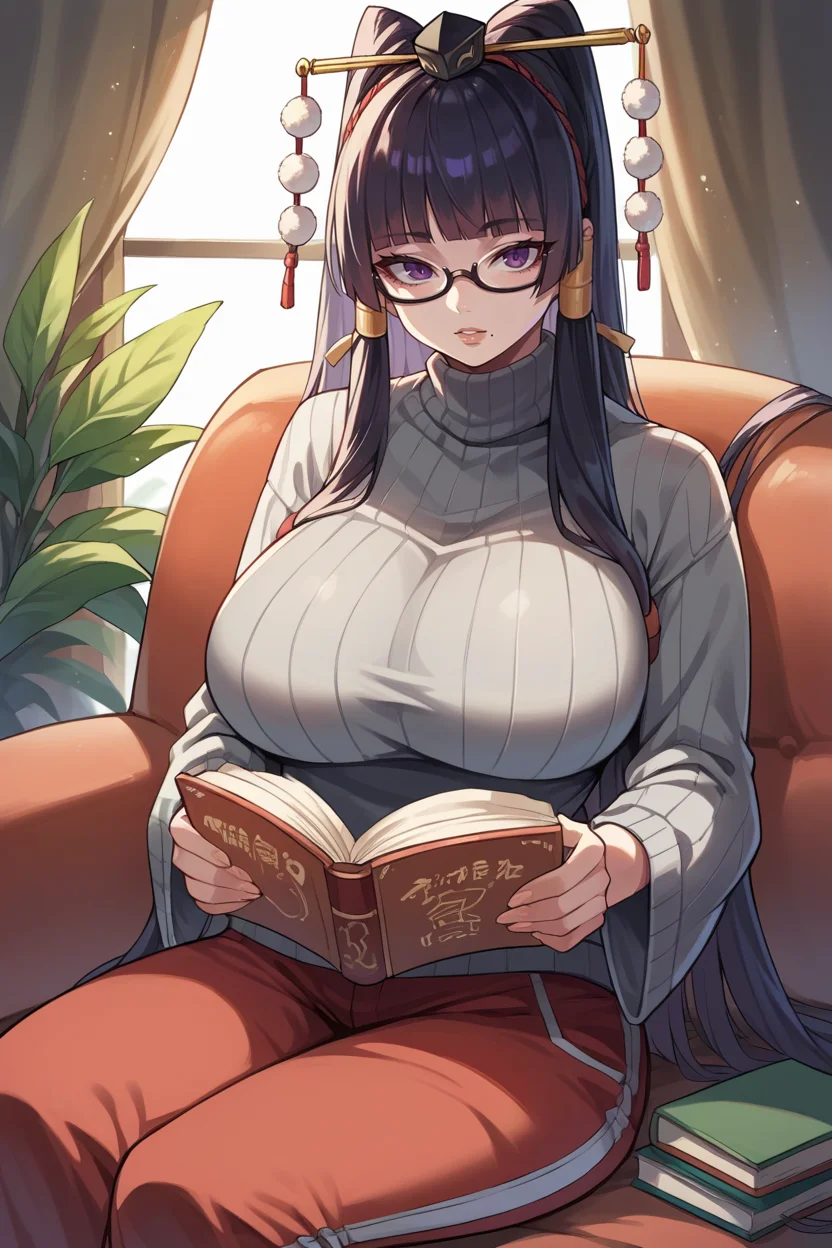 score_9, score_8_up, score_7_up, score_6_up, source_anime, BREAK 1girl <lora:nyotengu-pdxl-nvwls-v1-000005:1> doaNyo, hair ornament, hair tubes, hair sticks, mole under mouth, grey sweater, turtleneck, red pants, couch, sitting, large breasts, reading book, looking at you, glasses