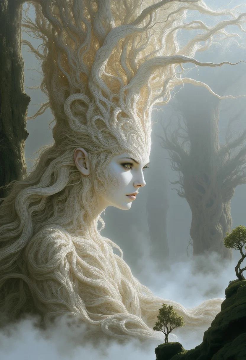 A surreal portrait of a tree goddess emerging from an ancient monolith of twisted roots and gnarled branches. Her face has high cheekbones, smooth porcelain-like skin with a soft glow, and pale, half-lidded eyes. Her long lashes and delicately arched eyebrows frame her serene expression.
Her hair seamlessly transitions into the white birch tree itself, forming a complex crown of white, intertwining branches that stretch upward. The branches have a polished, bone-like texture, curling and twisting into organic patterns. Her body is partially wrapped in bark-like tendrils that spiral around her torso, forming an intricate natural gown that blends into her surroundings.
Below her, a massive, weathered white birch tree trunk extends downward, with thick, gnarled roots twisting into the mist-covered ground. Small, bonsai-like trees sprout from rocky outcroppings embedded within the root system, their tiny leaves adding contrast against the pale landscape.
A dense mist blankets the lower part of the scene, partially obscuring the roots and drifting through the air. In the background, enormous ancient trees with skeletal branches rise through the fog, their silhouettes fading into the distance. The entire image is enveloped in a muted, desaturated color palette of soft whites, cool grays, and subtle earthy greens.
The composition presents her as seamlessly integrated with the massive tree, appearing both as a living figure and an extension of the forest itself.