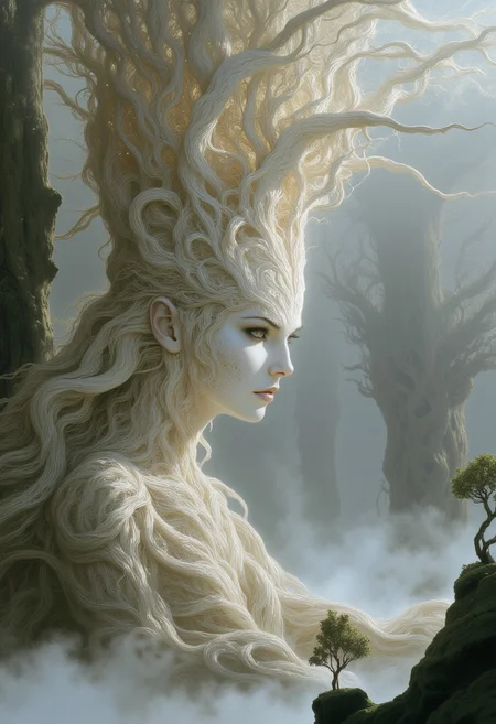 A surreal portrait of a tree goddess emerging from an ancient monolith of twisted roots and gnarled branches. Her face has high cheekbones, smooth porcelain-like skin with a soft glow, and pale, half-lidded eyes. Her long lashes and delicately arched eyebrows frame her serene expression.
Her hair seamlessly transitions into the white birch tree itself, forming a complex crown of white, intertwining branches that stretch upward. The branches have a polished, bone-like texture, curling and twisting into organic patterns. Her body is partially wrapped in bark-like tendrils that spiral around her torso, forming an intricate natural gown that blends into her surroundings.
Below her, a massive, weathered white birch tree trunk extends downward, with thick, gnarled roots twisting into the mist-covered ground. Small, bonsai-like trees sprout from rocky outcroppings embedded within the root system, their tiny leaves adding contrast against the pale landscape.
A dense mist blankets the lower part of the scene, partially obscuring the roots and drifting through the air. In the background, enormous ancient trees with skeletal branches rise through the fog, their silhouettes fading into the distance. The entire image is enveloped in a muted, desaturated color palette of soft whites, cool grays, and subtle earthy greens.
The composition presents her as seamlessly integrated with the massive tree, appearing both as a living figure and an extension of the forest itself.