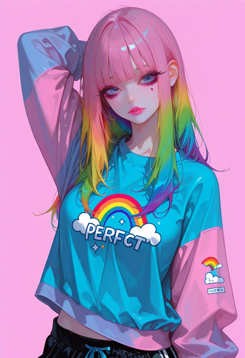 realistic,HassaKu_illu, artist:moriimee, 748cmstyle, jsyu_style, 2025. 06, 
(1girl, solo), 21 years old, long hair, rainbow hair, colorfull hair, rainbow colors, blunt bangs, blue eyes, thick eyeliner and mascara, long eyelashes, pink lipstick, slender body, medium breasts, perfect slender body, standing, upper body, front view, hand behind head, flat color pink background, gaming shirt, gaming skirt, cowboy shot, (gaming clothes), rainbow clothes