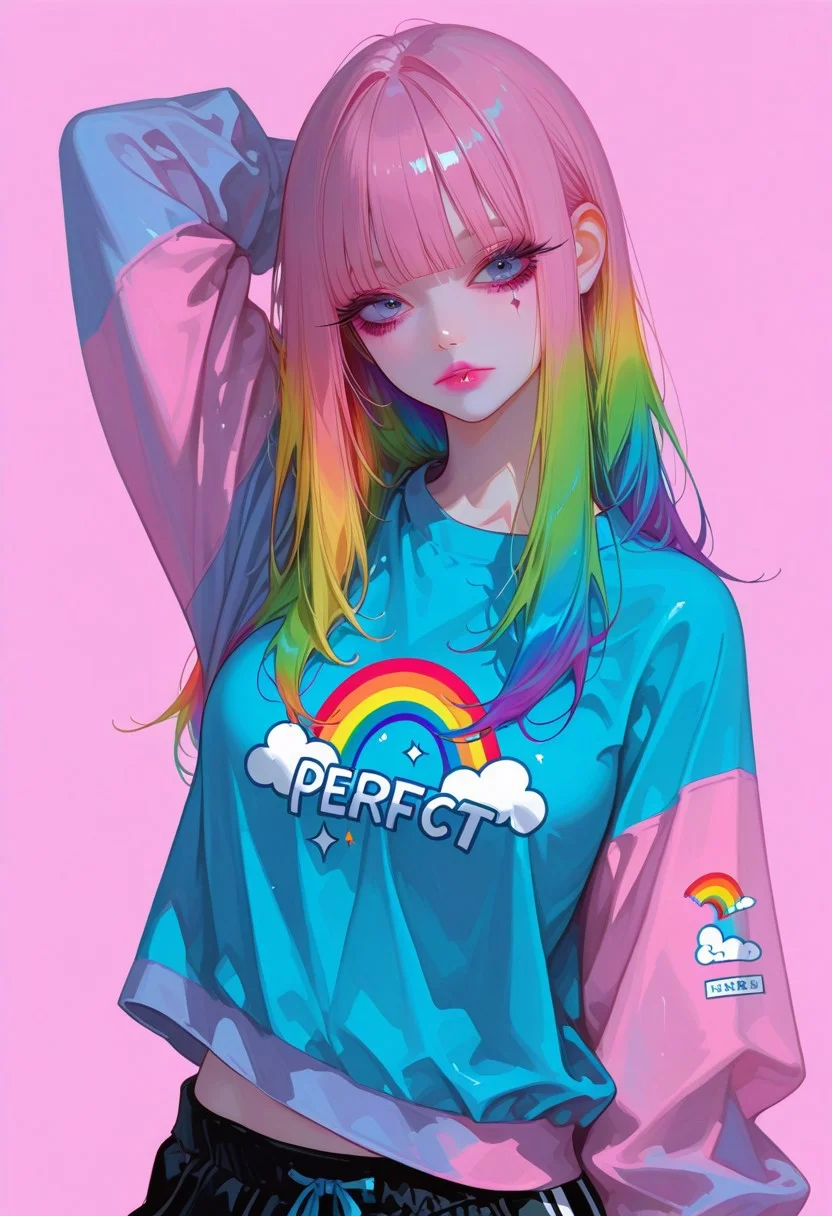 realistic,HassaKu_illu, artist:moriimee, 748cmstyle, jsyu_style, 2025. 06, 
(1girl, solo), 21 years old, long hair, rainbow hair, colorfull hair, rainbow colors, blunt bangs, blue eyes, thick eyeliner and mascara, long eyelashes, pink lipstick, slender body, medium breasts, perfect slender body, standing, upper body, front view, hand behind head, flat color pink background, gaming shirt, gaming skirt, cowboy shot, (gaming clothes), rainbow clothes