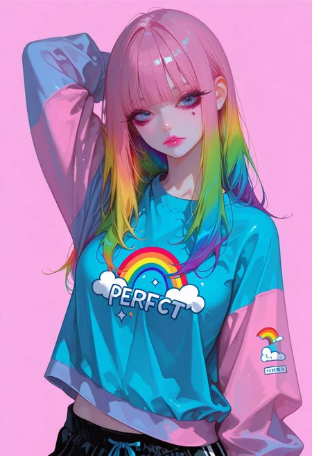 realistic,HassaKu_illu, artist:moriimee, 748cmstyle, jsyu_style, 2025. 06,
(1girl, solo), 21 years old, long hair, rainbow hair, colorfull hair, rainbow colors, blunt bangs, blue eyes, thick eyeliner and mascara, long eyelashes, pink lipstick, slender body, medium breasts, perfect slender body, standing, upper body, front view, hand behind head, flat color pink background, gaming shirt, gaming skirt, cowboy shot, (gaming clothes), rainbow clothes