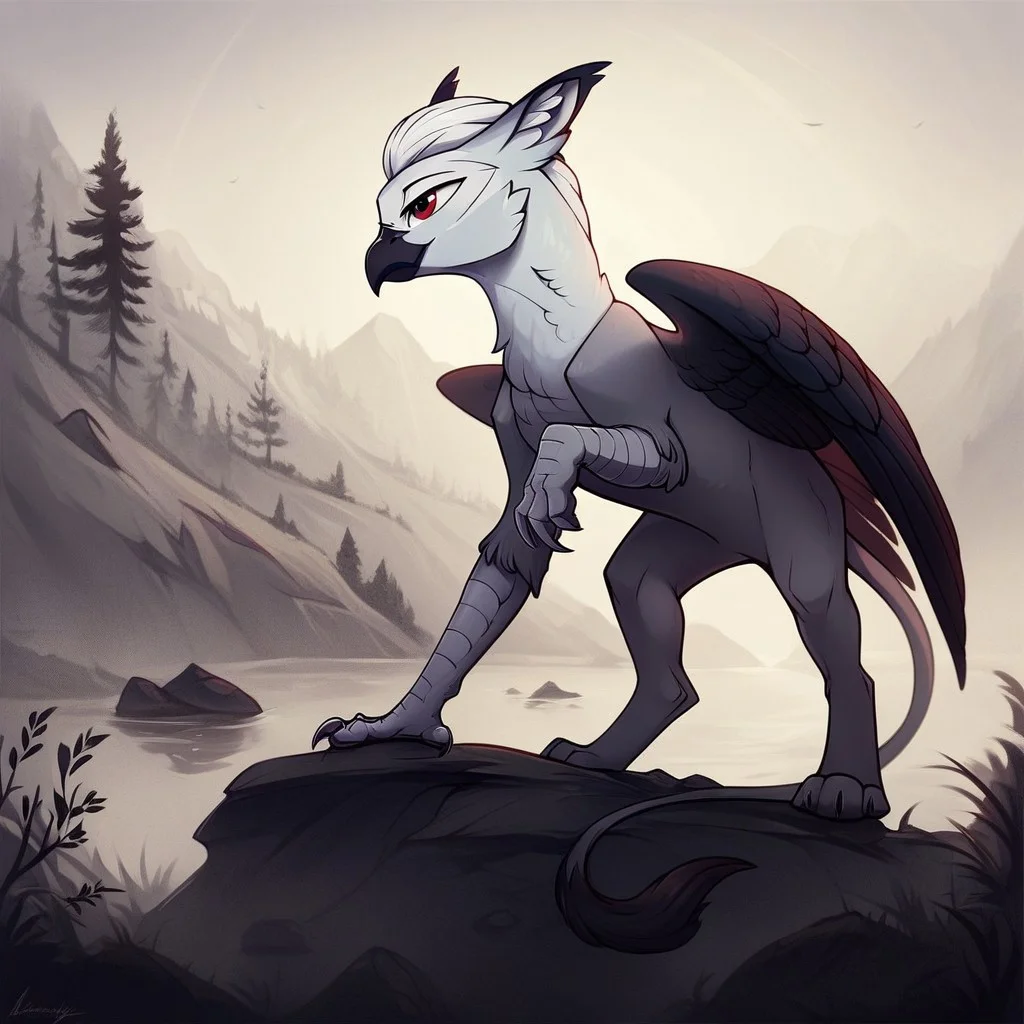 masterpiece, score_9_up, score_8_up, score_7_up, score_6_up, (best quality:1.2), ultra-detailed, high resolution, solo, mlp style, Ferdinand Dawnclaw, griffon albino, avian, feral, male, (beautiful detailed red eyes), white hair, feathers, feathery ears, black beak, closed mouth, wings, full body, standing, detailed facial features, expressiveh, simple background, highly visible, sharp focus, anatomically correct, detailed background, outside, outdoors, spruce forest in the background, river with a rocky outcrop