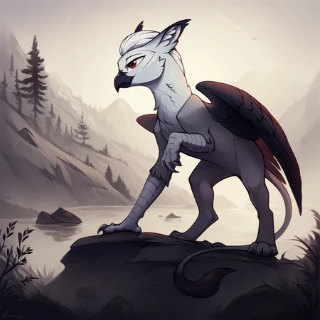 masterpiece, score_9_up, score_8_up, score_7_up, score_6_up, (best quality:1.2), ultra-detailed, high resolution, solo, mlp style, Ferdinand Dawnclaw, griffon albino, avian, feral, male, (beautiful detailed red eyes), white hair, feathers, feathery ears, black beak, closed mouth, wings, full body, standing, detailed facial features, expressiveh, simple background, highly visible, sharp focus, anatomically correct, detailed background, outside, outdoors, spruce forest in the background, river with a rocky outcrop