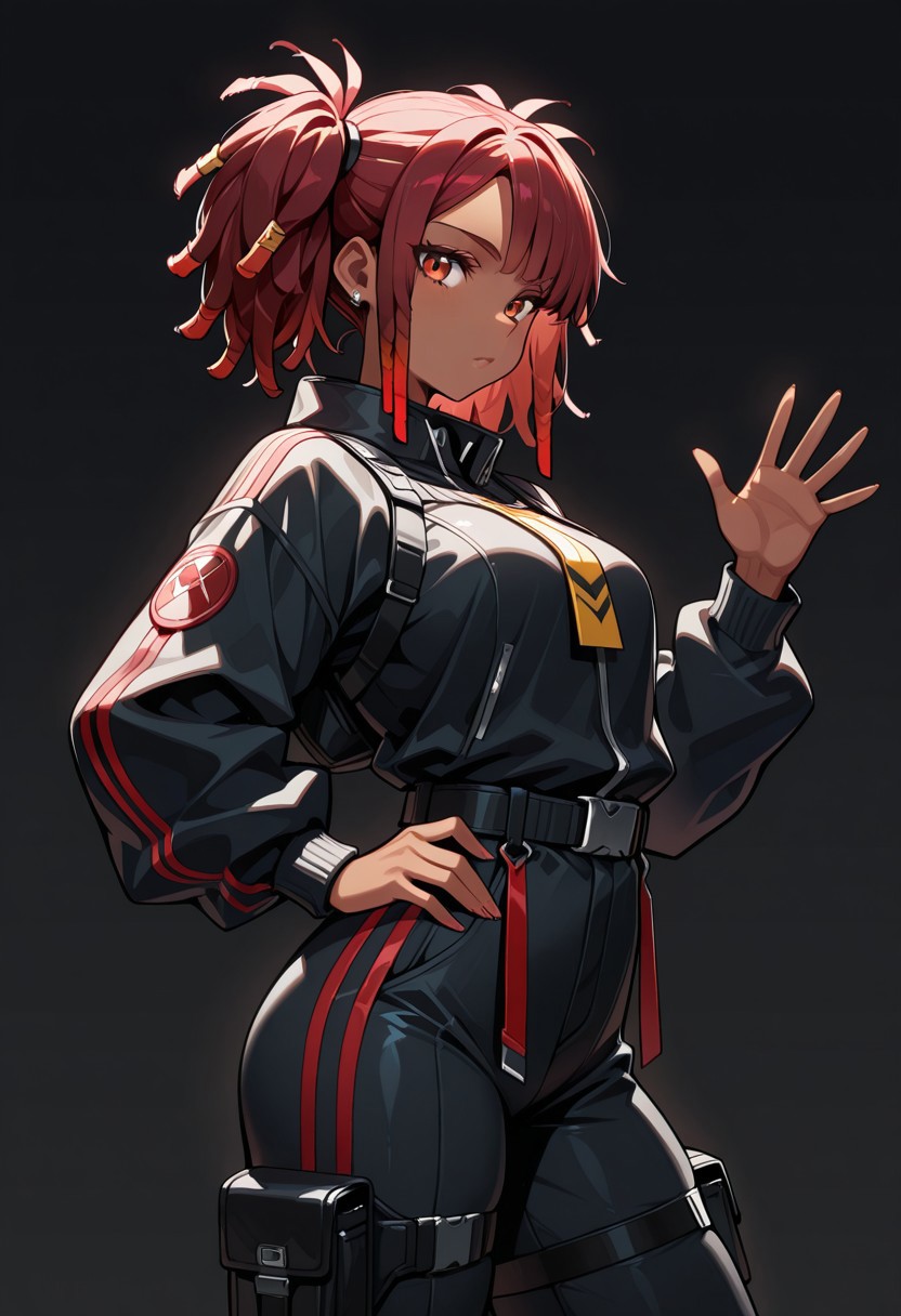 masterpiece, best quality, 8k, absurdres, very aesthetic, ultra-detailed, best illustration,
...
 1girl, dark-skinned female, red hair, pigtails dreadlocks,
...
Hand wave