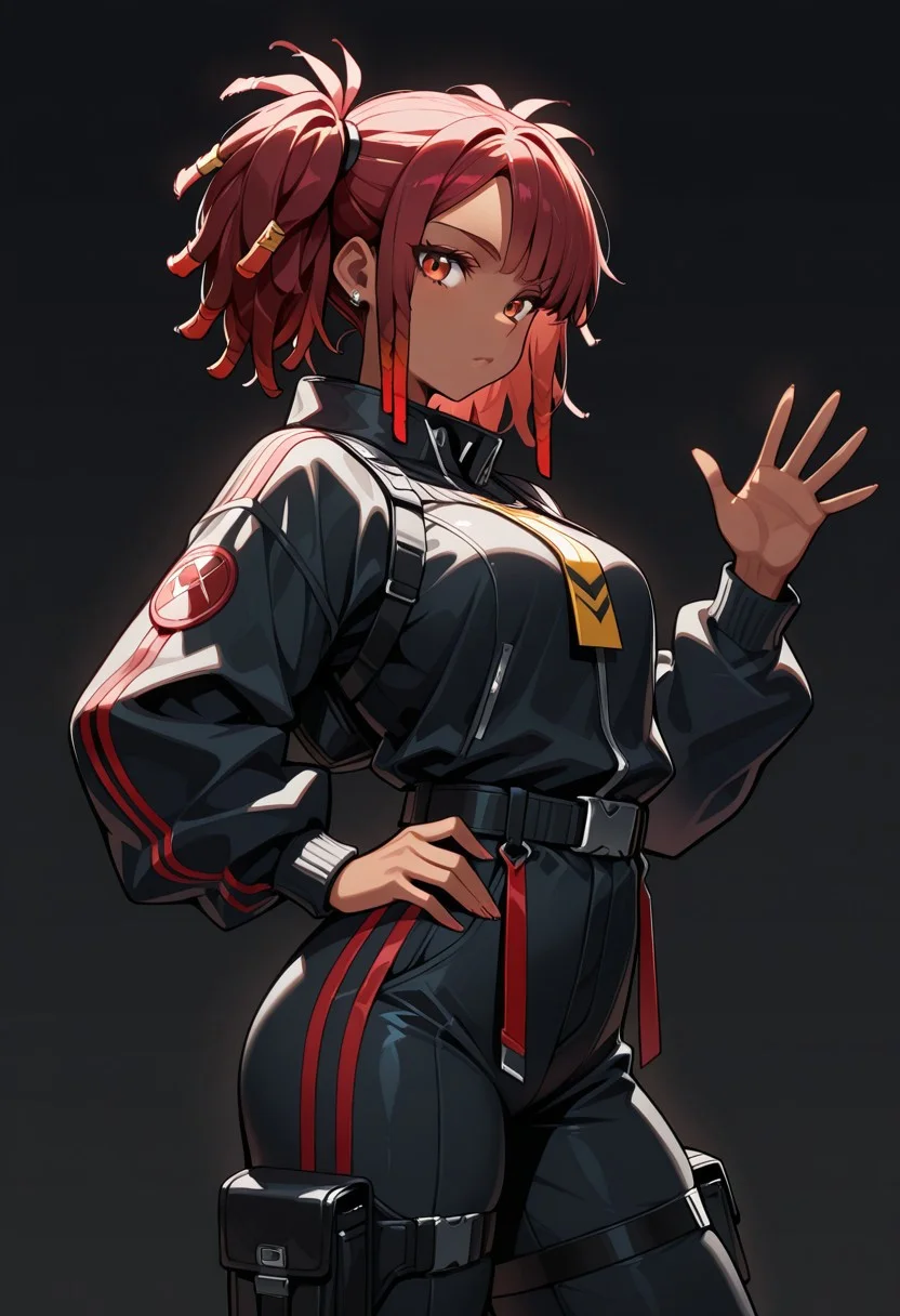 masterpiece, best quality, 8k, absurdres, very aesthetic, ultra-detailed, best illustration,
...
1girl, dark-skinned female, red hair, pigtails dreadlocks,
...
Hand wave