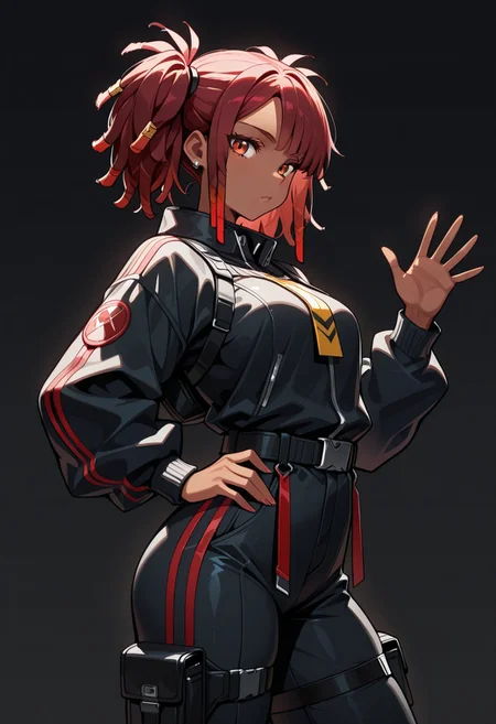 masterpiece, best quality, 8k, absurdres, very aesthetic, ultra-detailed, best illustration,
...
 1girl, dark-skinned female, red hair, pigtails dreadlocks,
...
Hand wave