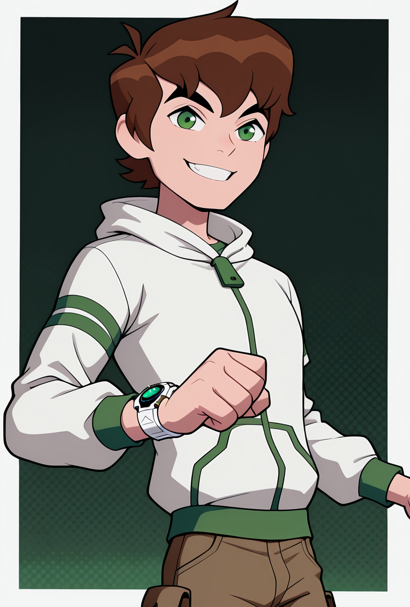 <lora:benov-07:1>   benov, short hair, brown hair, 1boy, solo, brown cargo pants, green eyes,  thick eyebrows,, white hoodie, zipper, long sleeves, white square smart watch, looking at viewer, smile, dark green background, dynamic pose, teeth, clenched teeth,, masterpiece, best quality, amazing quality, very aesthetic, absurdres, newest,, upper body, halftone effect, white borders, abstract background:1.2,