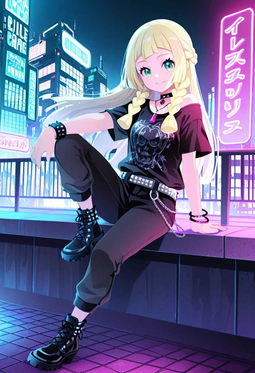 masterpiece, best quality, 1girl, solo, eyelashes, (beautiful eyes), smile, zzLillie, long hair, braid, <lora:LilliePokemonIXL:1.0>, C0utur3Cr4z3, solo, shirt, jewelry, standing, full body, boots, shoes, choker, belt, pants, necklace, off shoulder, black footwear, bracelet, black shirt, chain, black pants, t-shirt, spikes, , print shirt, fashion, studded belt, sitting on a futuristic rooftop ledge, cyberpunk cityscape in the background, one knee up, sleek metallic footwear reflecting neon lights, <lora:CoutureCraze_IXL:1.0>,