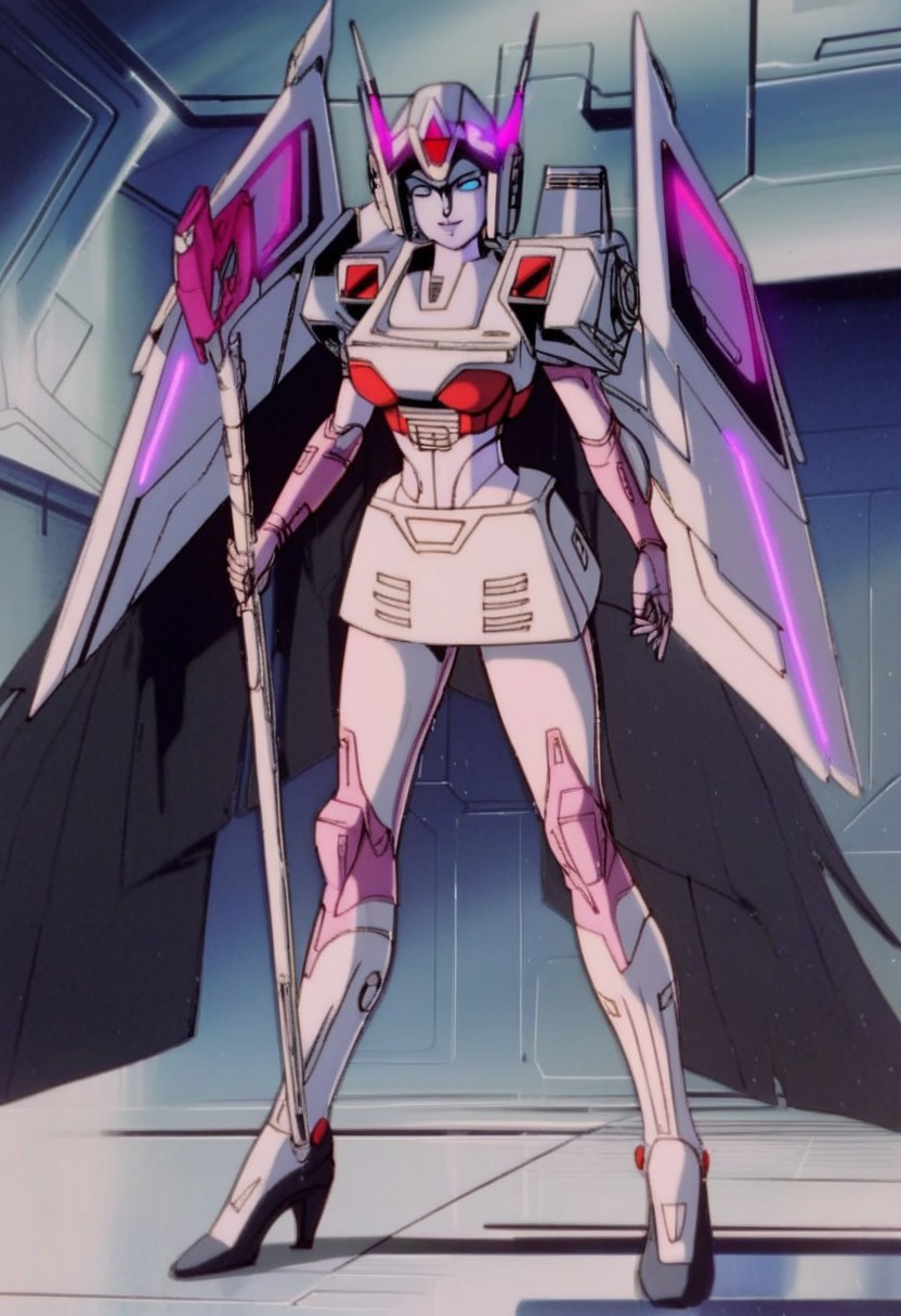 score_9, score_8_up, score_7_up, animation, transformers, 1girl, robot, Decepticon, Tall, slim, slim waist, sleek form, Seeker, Starscream glowing eyes, blue eyes, large eyes, circular eyes, white armour, forward long jet swept wings, transforms into futuristic Stealth Mig Fighter Jet, full body, cowboy shot, smiling, holding staff in right hand (small staff head), Decepticon Symbol (purple), head crown, body all magenta, bare breasts
 <lora:StarScream1.2:1>