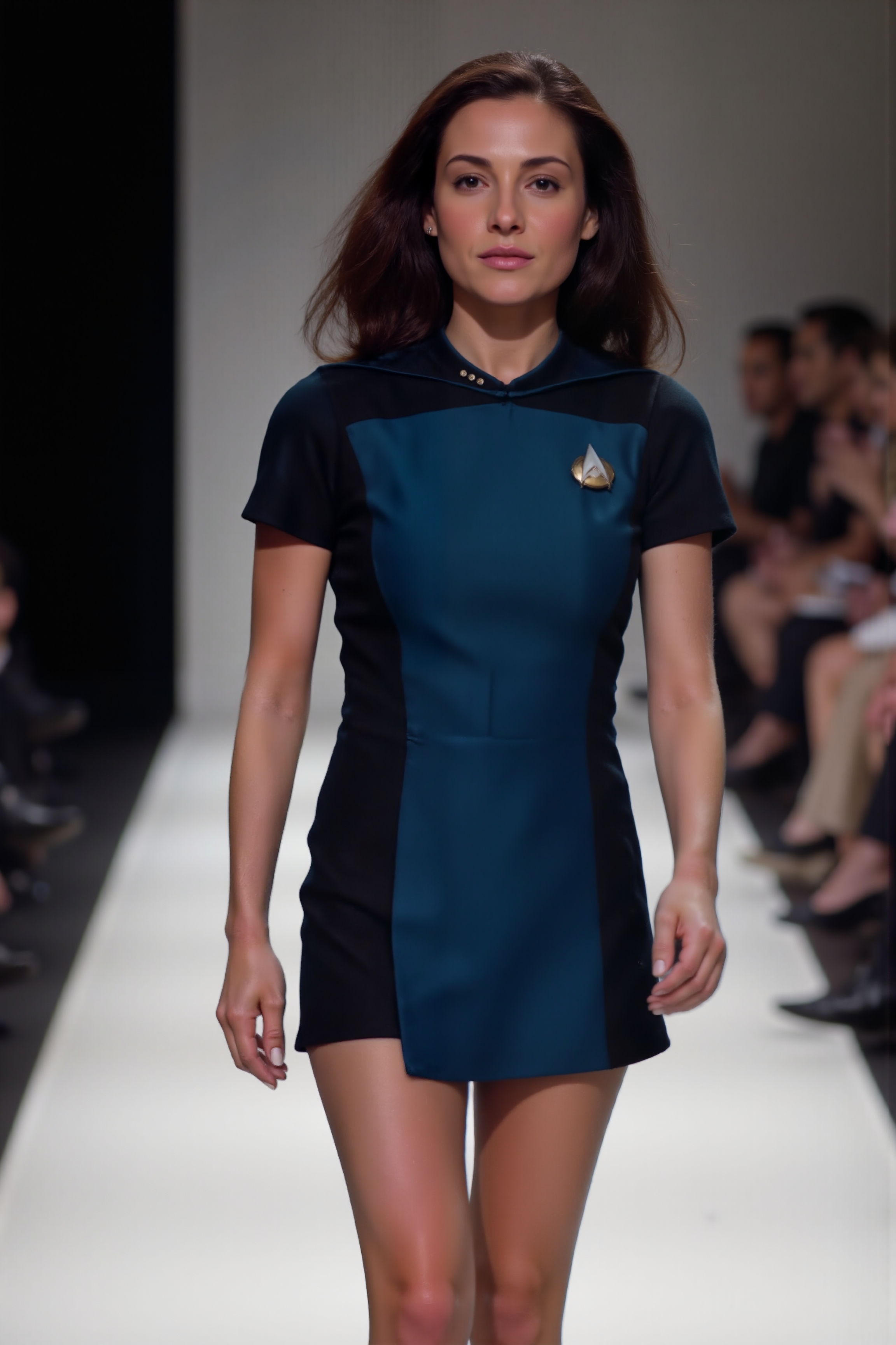 a high quality sharp photo still of stunning spanish woman supermodel wearing blue STSKNT short uniform with black shoulders and sides and with short sleeves walking on a fashion runway.<lora:ST_SKANT_FLUX><lora:aidmaMJ6.1-FLUX-V0.1:0.6><lora:Movie_Portrait><lora:Flux DetailerV2><lora:TNGS1_FLUX:0.4>