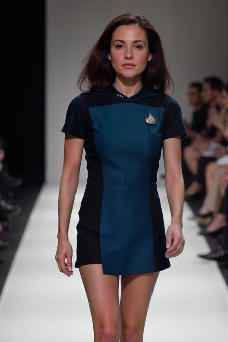 a high quality sharp photo still of stunning spanish woman supermodel wearing blue STSKNT short uniform with black shoulders and sides and with short sleeves walking on a fashion runway.<lora:ST_SKANT_FLUX><lora:aidmaMJ6.1-FLUX-V0.1:0.6><lora:Movie_Portrait><lora:Flux DetailerV2><lora:TNGS1_FLUX:0.4>