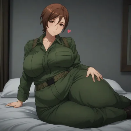 1girl,solo,thick thighs, ass focus,Exquisite visuals, high-definition,masterpiece,best quality ,Beautiful Fingers,Beautiful long legs,Beautiful body,Beautiful Nose,Beautiful character design, perfect eyes, perfect face,expressive eyes, looking at viewer, official art,extremely detailed CG unity 8k wallpaper, dark lighting, Bright_Front_face_Lighting,shiny skin, (masterpiece:1.0),(best_quality:1.0), ultra high res,4K,ultra-detailed, photography, 8K, HDR, highres, absurdres:1.2, film grain, bokeh:1.2, lens flare, (vibrant_color:1.2), (beautiful_face:1.5), masterpiece, best quality, professional, solo, 4k, detailed, shiho, army,gorgeous face, beautiful eyes, happy, thick thighs, beautiful face, ((chubby)), fat, ((milf)), hearts, seductive, (wide hips), facing viewer, bangs, looking at viewer, bedroom bed,double chin,(gigantic ass:1.2),