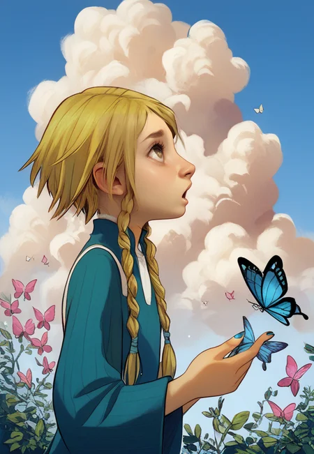 score_9, score_8_up, score_7_up, solo focus, solo, 1girl, Elyon-Escanor, blonde, dual braids, tending garden, blue eyes, butterflies, blue sky, clouds, <lora:Hoshino:1> <lora:PerfectEyesXL:.5> <lora:Sinfully_Stylish_dramitic_bold_lighting:.7> <lora:W.I.T.C.H._Elyon_Escanor:1>