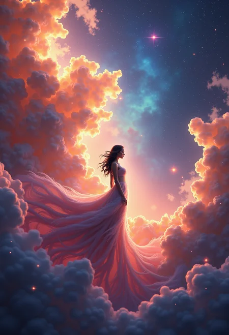 a surreal and cosmic scene featuring a silhouetted beautiful female figure standing amidst swirling nebulae and vibrant cosmic energy. The figure is positioned centrally with her dress flawlessly transitioning into the surrounding airy fluffy gas clouds, which slowly swirling around her figure creating a flowing ethereal effect. The nebulae around her are in vivid colors, including bright oranges, blues, purples, and reds, which blend together to form dynamic nebula patterns. Stars are scattered throughout the background, adding depth and a sense of the vastness of space. The overall composition evokes a sense of unity between the figure and the cosmos. Art style: digital surrealism, cosmic fantasy, in the style of visionary art, blending elements of figure and space art.