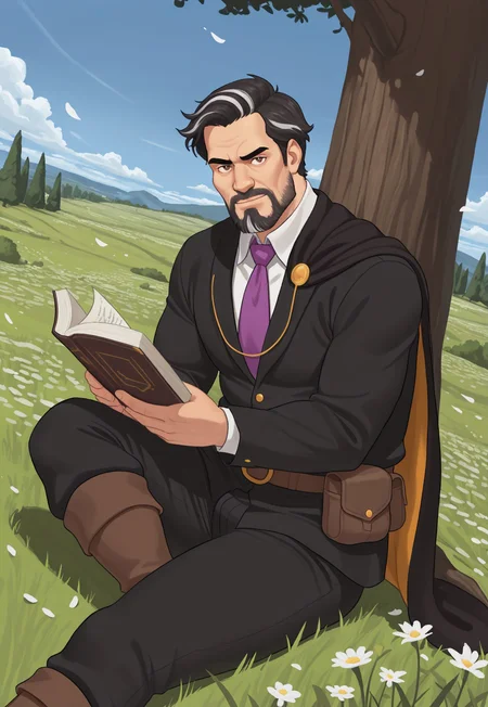 masterpiece, best quality, amazing quality, 1boy, Matheo, mature male, greying black hair, short hair, brown eyes, facial hair, beard, cape, black jacket, white shirt, purple necktie, black pants, brown boots, detailed background, dynamic pose, looking at viewer, slight smile, cottage, outdoors, flowers, blue sky, clouds, upper body, belt, pouch, dutch angle, gust of wind, grabbing pouch, cowboy shot, white streaks, gust of wind, petals in the wind, sitting on grass, leaning against a tree, reading a book,
