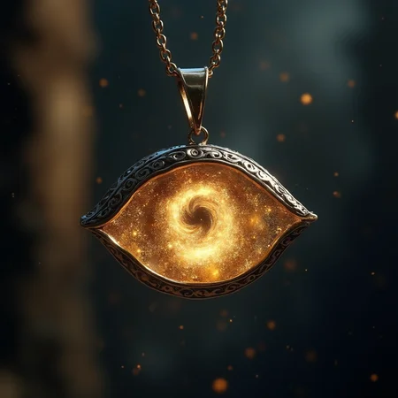 An elegant pendant shaped like an eye, with a delicate, swirling vortex inside. The vortex is a mesmerizing blend of ash, honey, and light, creating a magical and ethereal glow. The pendant is crafted with fine detail, a mix of silver and gold, hanging from a slender chain, captured in soft, moody lighting.